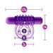 Purple vibrating double strap cockring with textured sleeve and size measurements shown.