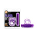 Purple vibrating double strap cock ring with detachable bullet vibrator shown in packaging and outside.