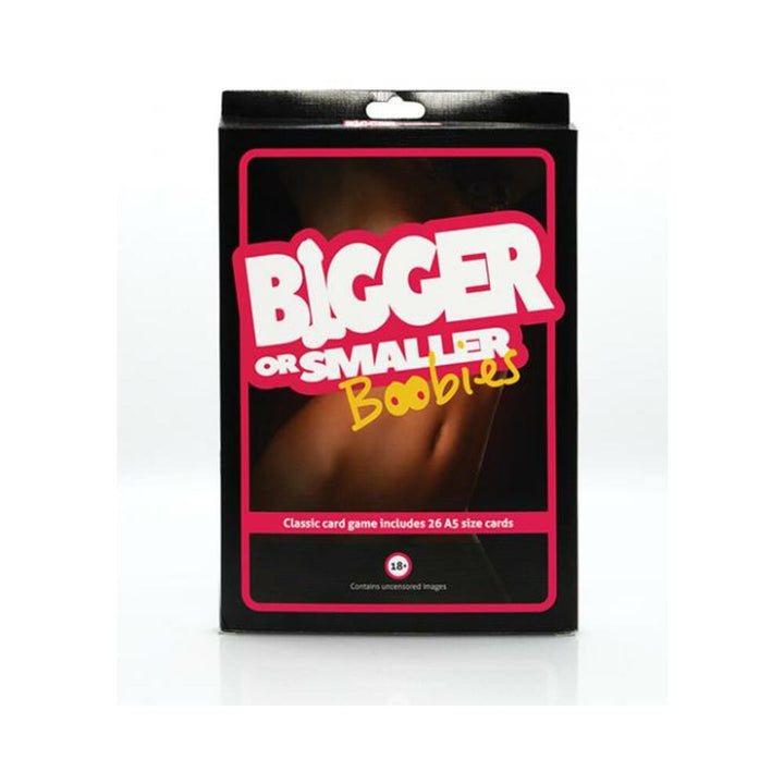 Packaging of Bigger or Smaller Boobies card game with bold text and adult content warning on black background.