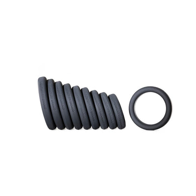 Set of nine black silicone rings in varying sizes with one ring separated, designed for precise fit and comfort.