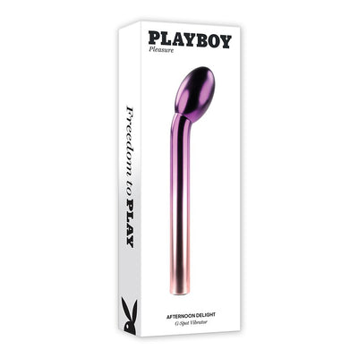 Playboy Afternoon Delight rechargeable G-spot vibrator with a sleek chrome ombre finish in purple and pink tones.