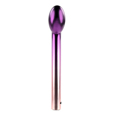 Sleek rechargeable G-spot vibrator with a smooth, curved head and chrome ombre finish in purple and pink gradient.