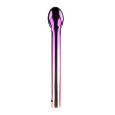 Sleek rechargeable G-spot vibrator with a smooth, curved head and chrome ombre finish in purple and pink tones.