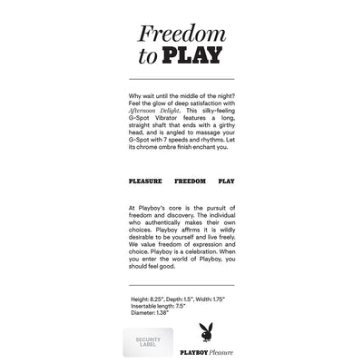 Playboy Afternoon Delight G-spot vibrator product description card with size details and brand logo.