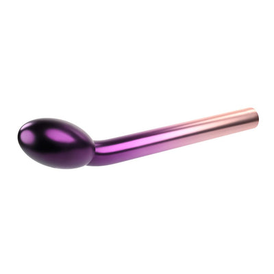 Sleek rechargeable G-spot vibrator with a curved shaft and chrome ombre finish in purple and rose gold tones.