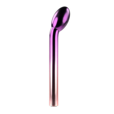 Sleek rechargeable G-spot vibrator with a curved shaft and chrome ombre finish in purple and pink gradient.
