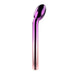 Sleek rechargeable G-spot vibrator with a curved shaft and chrome ombre finish in purple and pink gradient.