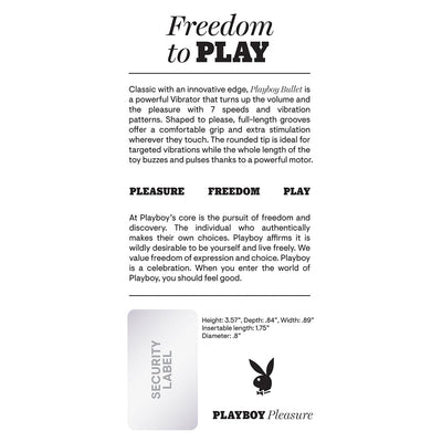 Playboy Bullet vibrator packaging highlighting features, dimensions, and brand philosophy with security label and logo.