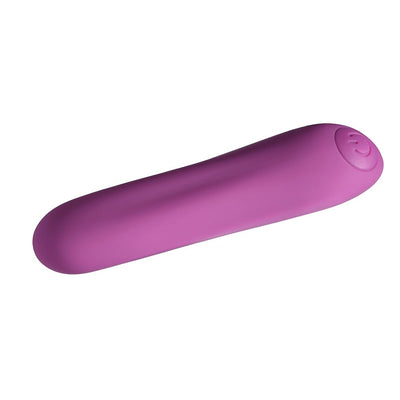Sleek rechargeable purple silicone bullet vibrator with rounded tip and power button on base.
