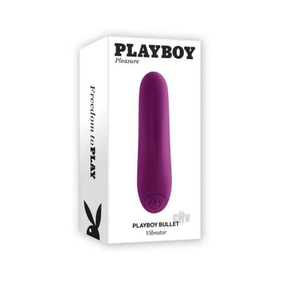 Purple Playboy Bullet rechargeable silicone vibrator with rounded tip shown on white packaging box.