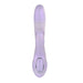 Lavender rechargeable silicone dual stimulation vibrator with thrusting shaft and bunny attachment, featuring control buttons.