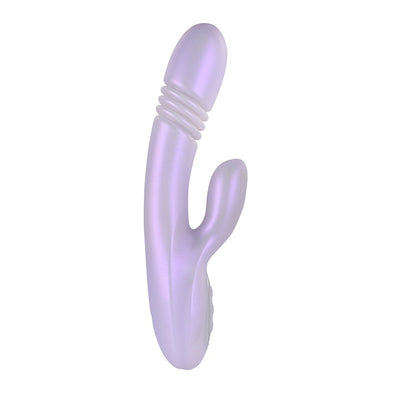 Lavender rechargeable silicone dual stimulation vibrator with textured shaft and curved clitoral stimulator.