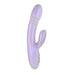 Lavender rechargeable silicone dual stimulation vibrator with textured shaft and curved clitoral stimulator.