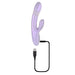 Lavender rechargeable dual stimulation vibrator with USB charging cable on white background