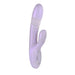 Lavender rechargeable dual stimulation vibrator with thrusting shaft and curved clitoral stimulator, smooth silicone finish.