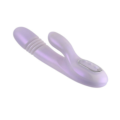 Opal-colored rechargeable silicone dual stimulation vibrator with thrusting shaft and bunny ears, featuring control buttons.