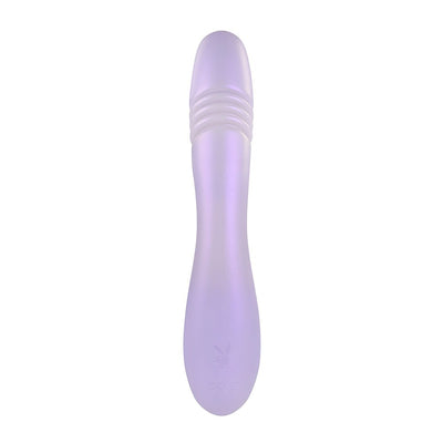 Lavender rechargeable silicone vibrator with textured shaft and ergonomic handle, featuring subtle Playboy logo.