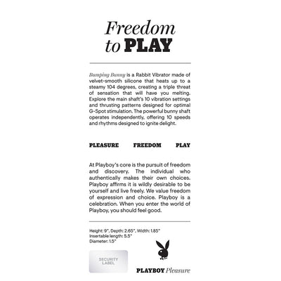 Playboy Bumping Bunny vibrator product info sheet highlighting features, dimensions, and brand values.