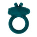 Deep teal silicone vibrating cock ring with bunny ear stimulator and rechargeable design.