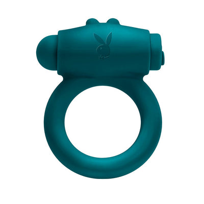 Deep teal silicone vibrating cock ring with bunny ear stimulator and Playboy logo embossed on front.