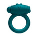 Deep teal silicone vibrating cock ring with bunny ear stimulator and Playboy logo embossed on front.