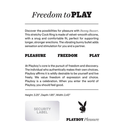 Product information card for Playboy Bunny Buzzer vibrating silicone cock ring in deep teal with product benefits and dimensions.