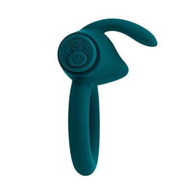 Deep teal rechargeable silicone vibrating cock ring with bunny ear stimulator and control buttons.
