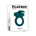 Playboy Bunny Buzzer rechargeable teal silicone vibrating cock ring with stimulator in product packaging box.