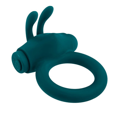 Deep teal silicone vibrating cock ring with dual bunny ear stimulator and control buttons.