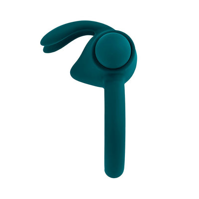 Deep teal silicone vibrating cock ring with bunny ear stimulator and rounded bullet detail.