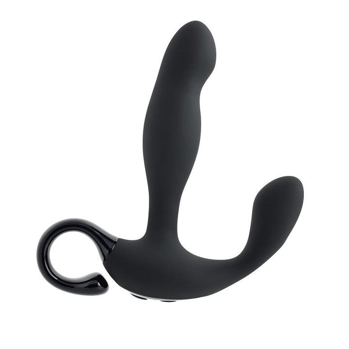 Black silicone prostate massager with ergonomic curved design and loop handle for easy control.