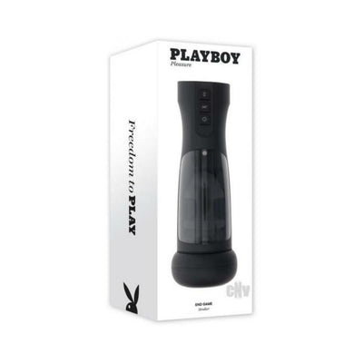 Playboy End Game Rechargeable Stroker in black with control buttons, shown in its white retail packaging.
