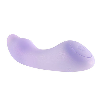 Opalescent lavender silicone G-spot vibrator with curved shape and power button on base.