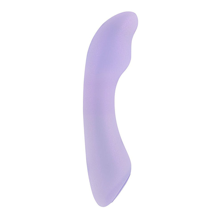 Opalescent lavender silicone G-spot vibrator with curved, ergonomic design and smooth matte finish.