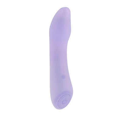 Opalescent lavender silicone G-spot vibrator with curved shaft and power button at base.