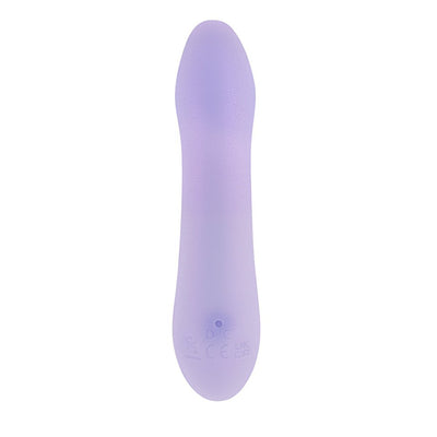 Opalescent lavender silicone G-spot vibrator with a smooth, curved design and tapered tip.