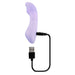Opalescent lavender silicone G-spot vibrator with USB charging cable connected, curved ergonomic design.