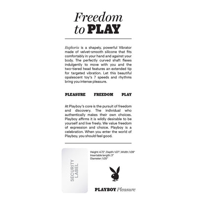 Product information sheet for Playboy Euphoria Rechargeable Silicone G-spot Vibrator with product dimensions and brand logo.