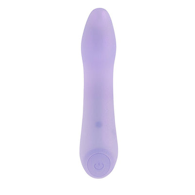 Opalescent lavender silicone G-spot vibrator with curved tip and power button at base.