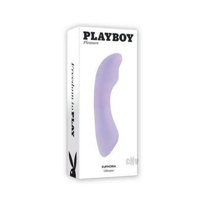 Playboy Euphoria rechargeable silicone G-spot vibrator in opal color with curved design shown in packaging box.