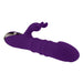 Purple rechargeable silicone dual stimulation vibrator with textured shaft and bunny-shaped clitoral stimulator.