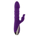 Purple rechargeable silicone dual stimulation vibrator with textured shaft and curved clitoral stimulator.