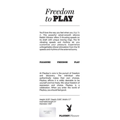Product information text for Playboy Hop To It rechargeable thrusting silicone dual stimulation vibrator with dimensions and brand details.