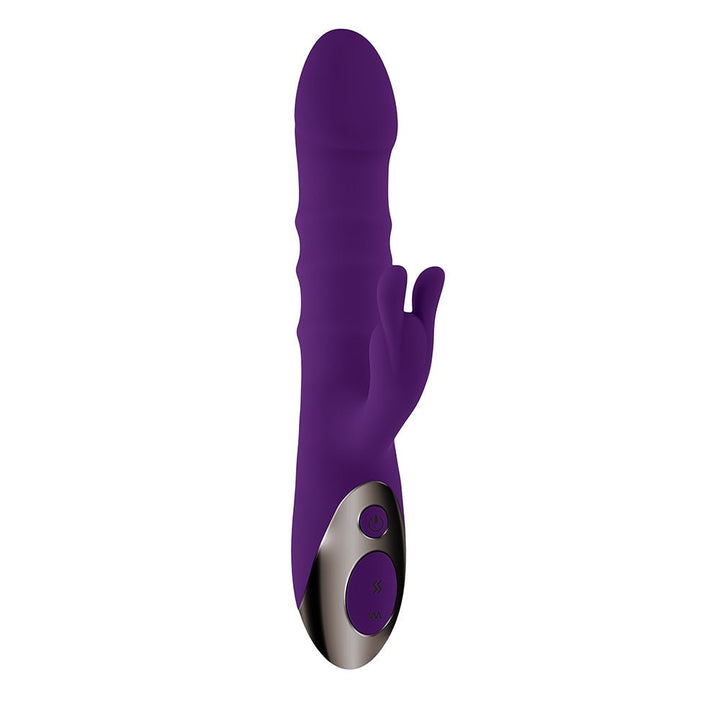 Purple rechargeable silicone dual stimulation vibrator with thrusting shaft and bunny ears, featuring control buttons on the base.