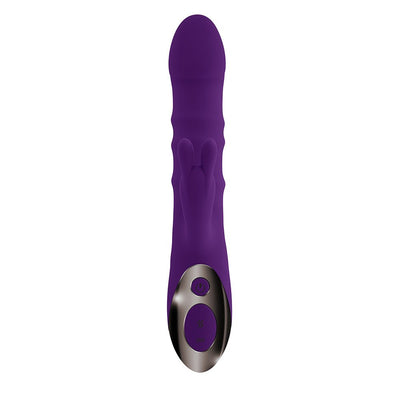 Purple rechargeable silicone dual stimulation vibrator with thrusting shaft and bunny-shaped clitoral stimulator.
