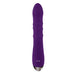 Purple rechargeable silicone vibrator with textured shaft and metallic base, designed for dual stimulation.