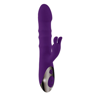 Purple rechargeable dual stimulation vibrator with textured shaft and external clitoral stimulator, featuring control buttons.