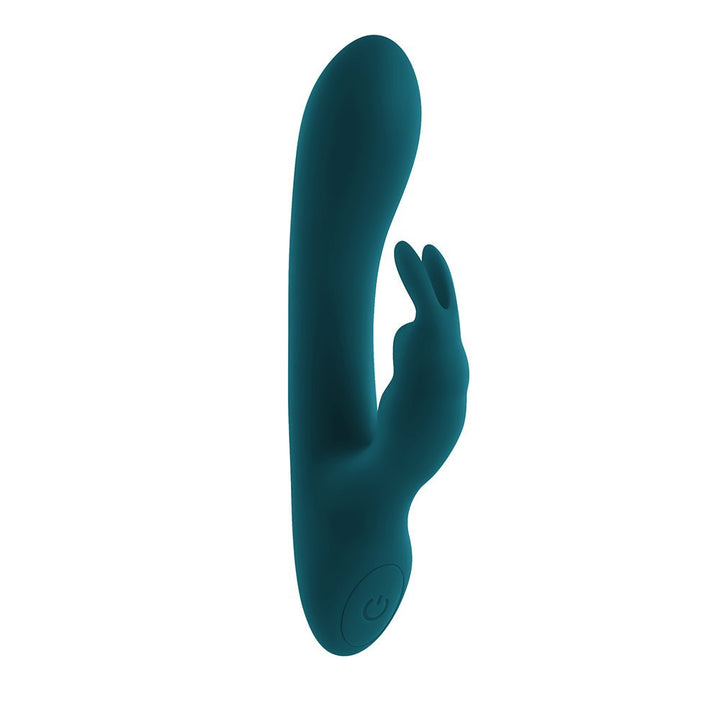 Deep teal rechargeable silicone dual stimulation vibrator with curved shaft and bunny-shaped external stimulator.