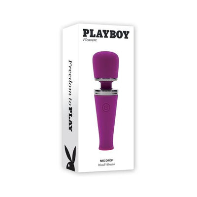Purple Playboy Mic Drop wand vibrator with flexible neck shown on white packaging box.