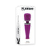 Purple Playboy Mic Drop wand vibrator with flexible neck shown on white packaging box.